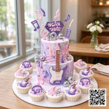 Bánh sinh nhật 2 tầng chủ đề âm nhạc màu pastel hồng tím, trang trí đàn guitar, nốt nhạc, disco ball cho bé gái 10 tuổi.