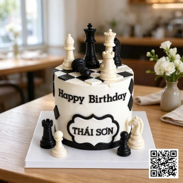 Bánh sinh nhật hình tròn chủ đề cờ vua với bàn cờ đen trắng và quân cờ 3D.