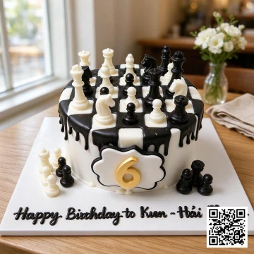 Bánh sinh nhật chủ đề cờ vua cho bé trai 6 tuổi, có bàn cờ và quân cờ 3D