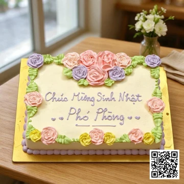 Bánh sinh nhật chữ nhật màu vàng kem, trang trí hoa kem pastel và chữ "Chúc Mừng Sinh Nhật Phó Phòng".
