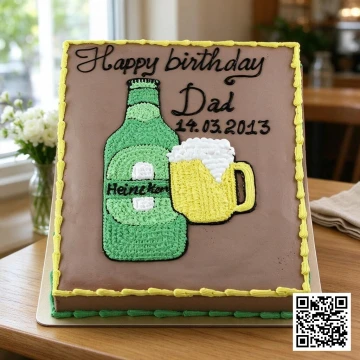 Bánh sinh nhật hình chữ nhật kem socola, trang trí hình chai bia Heineken và cốc bia với bọt kem trắng, có chữ Happy Birthday Dad.
