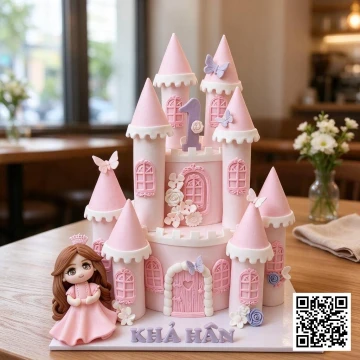 Bánh sinh nhật công chúa lâu đài 2 tầng màu hồng pastel, trang trí hoa và bướm fondant, có mô hình công chúa Chibi và tên bé Khả Hân.