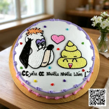 Bánh sinh nhật cún con hài hước phủ kem tươi trắng, viền tím hồng và tim nhiều màu