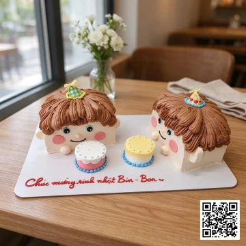 Bánh sinh nhật hai bé trai sinh đôi 1 tuổi tạo hình ngộ nghĩnh, mái tóc kem chocolate, kèm hai bánh mini.