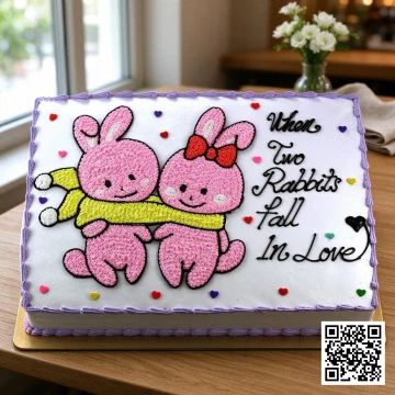 Bánh kem tươi hình chữ nhật trắng vẽ đôi thỏ hồng quàng khăn vàng, chữ 'When Two Rabbits Fall In Love', điểm trái tim nhiều màu, tặng người yêu.