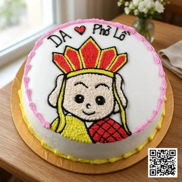 Bánh kem sinh nhật tròn trang trí hình Đường Tăng chibi dễ thương, vẽ kem tươi màu sắc trên nền trắng, thích hợp cho bé.