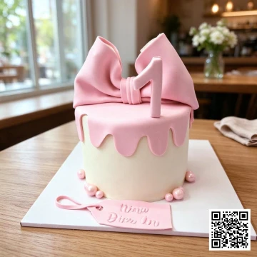 Bánh sinh nhật fondant hình tròn màu hồng pastel với nơ lớn và số 1 cho bé gái 1 tuổi