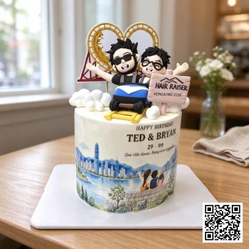Bánh sinh nhật hai bố con ngồi trên tàu lượn siêu tốc bằng fondant, trang trí phong cảnh thành phố.