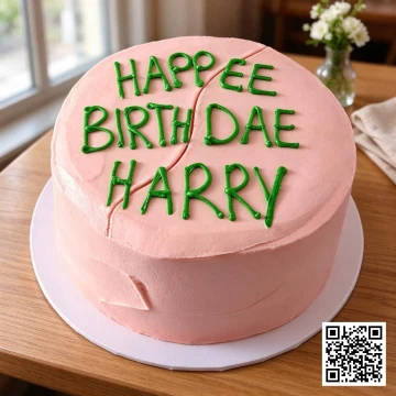 Bánh sinh nhật Harry Potter hình tròn phủ kem hồng pastel, trang trí tối giản với chữ xanh và hiệu ứng trang sách mở.