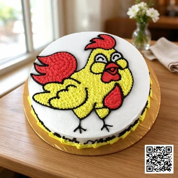 Bánh sinh nhật kem tươi hình tròn vẽ chú gà trống hoạt hình màu vàng đỏ ngộ nghĩnh trên nền trắng, phong cách dễ thương cho bé.