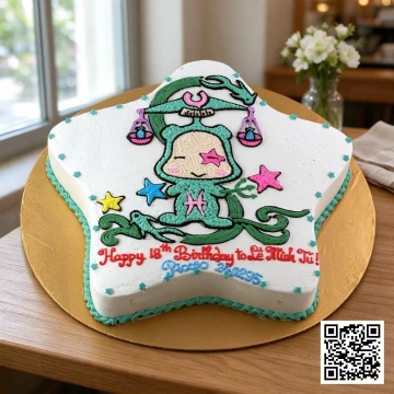 Bánh sinh nhật hình ngôi sao độc đáo, vẽ kem tươi hình cô bé Song Ngư và cán cân Thiên Bình mừng tuổi 18.