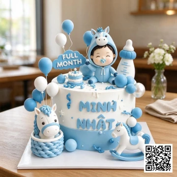 Bánh sinh nhật hình ngựa trắng cho bé trai đầy tháng, thôi nôi với topper em bé cưỡi ngựa, ngựa bập bênh, bình sữa, bóng bay.