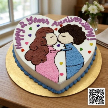 Bánh kem sinh nhật hình trái tim màu trắng, vẽ cặp đôi đang hôn nhau và chữ "Happy 2 Years Anniversary", viền kem xanh dương.