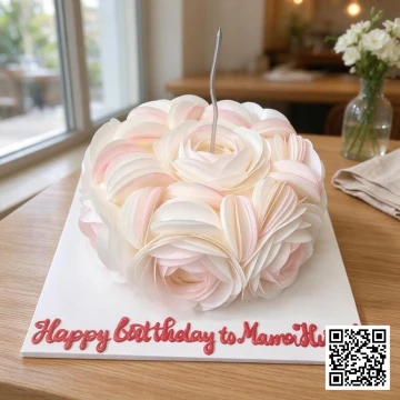 Bánh sinh nhật hình tròn phủ hoa giấy gạo màu hồng pastel và trắng, có chữ 'Happy birthday to Mama Hương!'