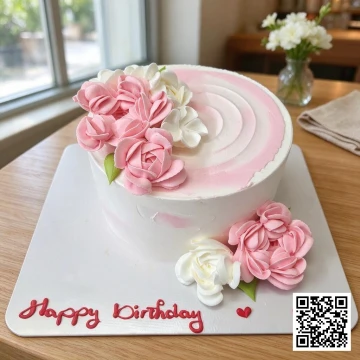 Bánh sinh nhật tròn trang trí hoa hồng kem bơ màu hồng và trắng, có chữ Happy Birthday.