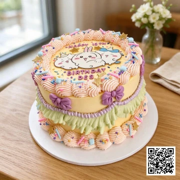 Bánh sinh nhật hình tròn in ảnh nhóm bạn Chiikawa, Usagi, Hachiware, trang trí bèo nhún xanh mint và nơ tím.