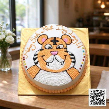 Bánh sinh nhật kem tươi hình chú hổ hoạt hình dễ thương màu cam trắng, trang trí cho bé trai tuổi Dần.