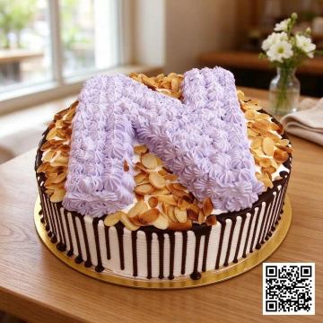 Bánh sinh nhật kem tươi hình tròn trang trí chữ N màu tím, viền chocolate chảy và hạnh nhân lát vàng ươm trên nền trắng.
