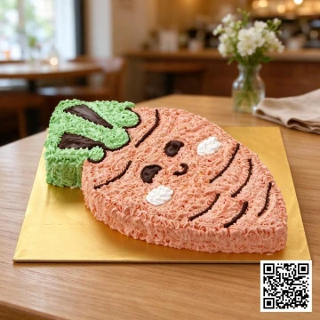 Bánh sinh nhật kem tươi hình củ cà rốt 3D ngộ nghĩnh màu cam xanh lá, có khuôn mặt cười đáng yêu, đặt trên đế bánh trắng.