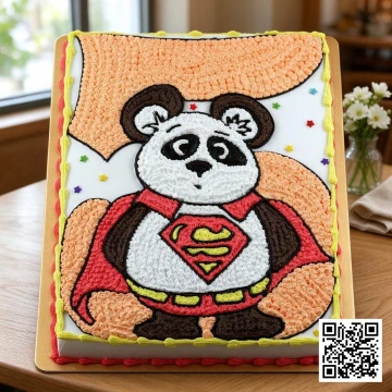 Bánh sinh nhật kem tươi hình chữ nhật vẽ tay gấu Panda siêu nhân màu đỏ cam vui nhộn, trang trí ngôi sao cho bé.