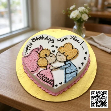 Bánh kem tươi hình trái tim màu trắng vẽ cặp đôi hôn nhau lãng mạn, viền hồng và chữ Happy Birthday Mon Yêu!