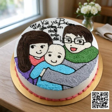 Bánh kem tươi tròn vẽ hình gia đình 3 người (bố, mẹ, con) màu xanh tím trắng, phong cách hoạt hình dễ thương, chữ chúc mừng sinh nhật.
