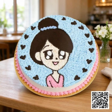 Bánh sinh nhật kem tươi hình cô gái vẽ tay dễ thương, tông màu hồng xanh tươi sáng, dành cho bé gái.