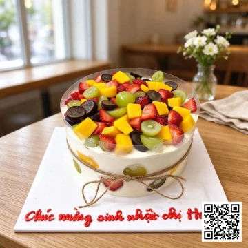 Bánh sinh nhật tròn phủ kem whipping trắng, trang trí nhiều loại trái cây tươi như xoài, dâu tây, nho xanh, nho đen.