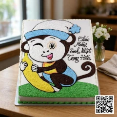 Bánh sinh nhật chữ nhật hình khỉ con ôm chuối, tông trắng nâu vàng cho bé trai