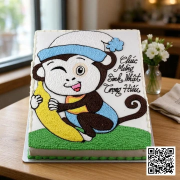 Bánh sinh nhật chữ nhật hình khỉ con ôm chuối, tông trắng nâu vàng cho bé trai