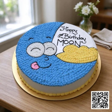 Bánh sinh nhật kem tươi hình mặt trăng xanh dễ thương có đôi mắt nhắm, đám mây vàng, chữ Happy 1st Birthday MOON cho bé 1 tuổi.