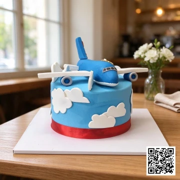 Bánh sinh nhật hình máy bay 3D bằng fondant màu xanh dương trên nền bầu trời mây trắng