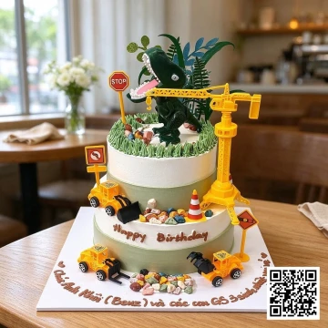 Bánh sinh nhật 2 tầng chủ đề công trường với máy xúc, khủng long T-Rex, xe cẩu, màu xanh bơ pastel