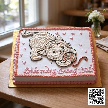 Bánh sinh nhật kem tươi chữ nhật vẽ hình mèo màu hồng trắng dễ thương, có chữ "Chúc mừng sinh nhật 13 tuổi" cho bé gái.