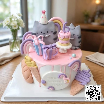 Bánh sinh nhật mèo Pusheen hồng pastel 3D fondant với hiệu ứng kem chảy và các chi tiết trang trí đáng yêu.