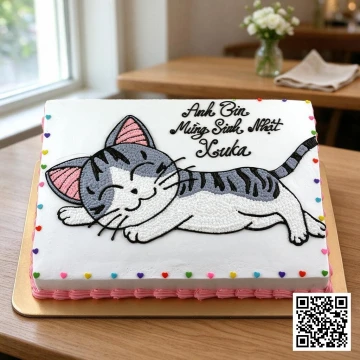 Bánh sinh nhật chữ nhật hình mèo xám hoạt hình nằm duỗi mình trên nền kem trắng, trang trí trái tim nhiều màu, viền kem hồng.