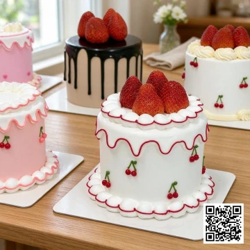 Bánh sinh nhật mini hình tròn phủ kem trắng trang trí dâu tây và cherry
