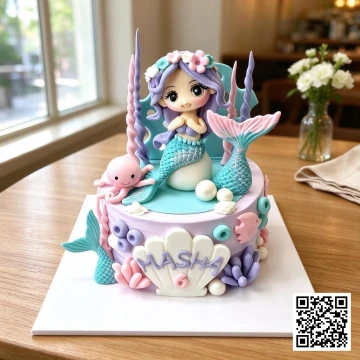 Bánh sinh nhật nàng tiên cá 3D màu tím hồng pastel, trang trí vỏ sò, san hô, ngọc trai cho bé gái 6 tuổi Masha.