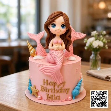 Bánh sinh nhật nàng tiên cá màu hồng pastel 3D cho bé gái 5 tuổi, trang trí vỏ sò, sao biển, ngọc trai.