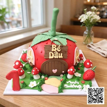 Bánh sinh nhật hình ngôi nhà dâu tây 3D với khu vườn cổ tích, nấm đỏ và hoa, trang trí cho bé gái 1 tuổi.