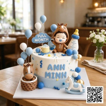 Bánh sinh nhật hình con ngựa trắng cho bé trai, tông màu xanh và trắng, trang trí fondant.
