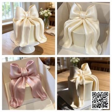 Bánh sinh nhật hình tròn màu hồng pastel và trắng với điểm nhấn là chiếc nơ fondant lớn, phong cách Hàn Quốc.