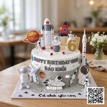 Bánh sinh nhật 2 tầng chủ đề vũ trụ, phi hành gia, tên lửa, máy bay cho bé trai.