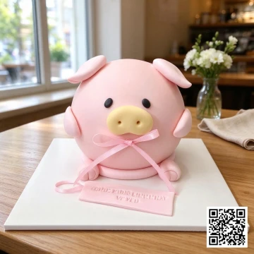 Bánh sinh nhật Pinata 3D hình chú lợn hồng pastel đáng yêu, có nơ và bảng tên