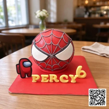 Bánh sinh nhật pinata hình đầu Siêu Nhân Spiderman màu đỏ, có tên bé Percy và số 6, kèm nhân vật Among Us.