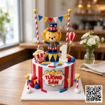 Bánh sinh nhật rạp xiếc Carnival với sư tử ảo thuật, số 1, dây cờ, bóng bay, hộp bắp rang.