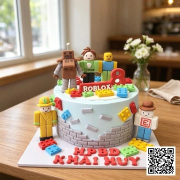 Bánh sinh nhật Roblox hình tròn một tầng, trang trí nhân vật 3D fondant và khối vuông, tông màu xanh chủ đạo.
