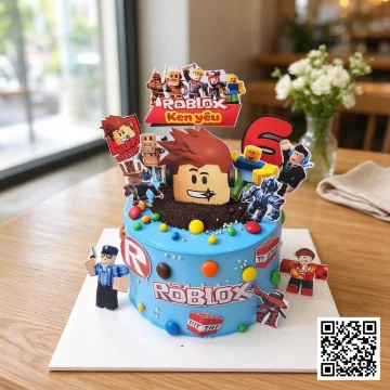 Bánh sinh nhật Roblox màu xanh dương cho bé trai 6 tuổi, trang trí nhân vật game, logo Roblox, số 6 và tên "Ken yêu"