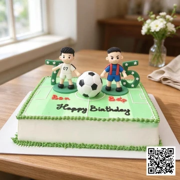 Bánh sinh nhật hình chữ nhật chủ đề đá bóng, trang trí sân cỏ xanh, quả bóng 3D và cầu thủ chibi.