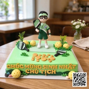 Bánh sinh nhật hình chữ nhật chủ đề Pickleball, có mô hình fondant người đàn ông chơi thể thao, sân đấu xanh lá, vợt và bóng.